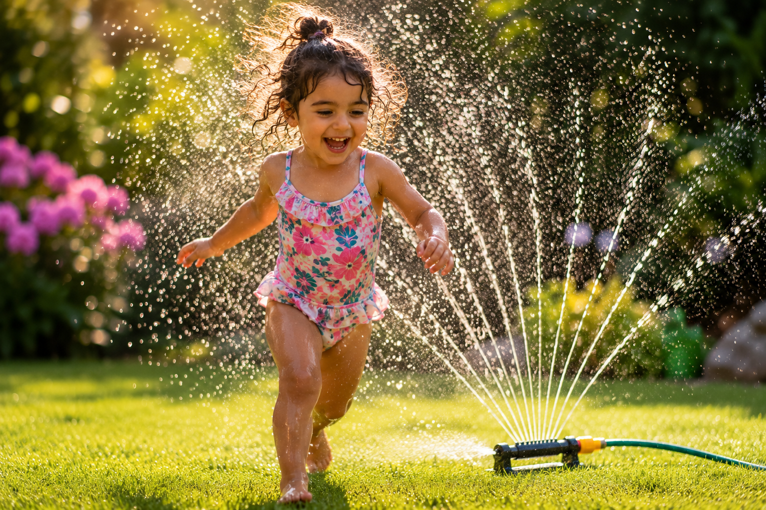 Young child running through a garden sprinkler during a summer heat wave